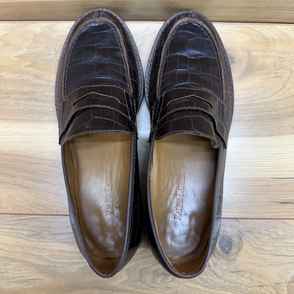 Ralph Lauren Vintage Penny Loafers Croc Womens 5.5 B Dark Brown Leather Lug Sole - Picture 8 of 11